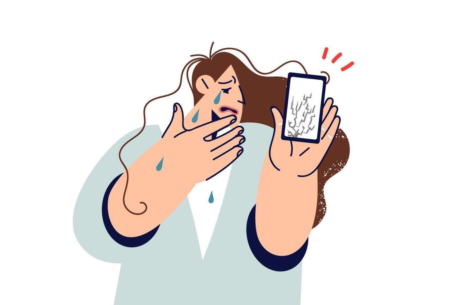 pleurs femme démontre téléphone avec cassé afficher ou protecteur film après gadget est tombée à sol vecteur