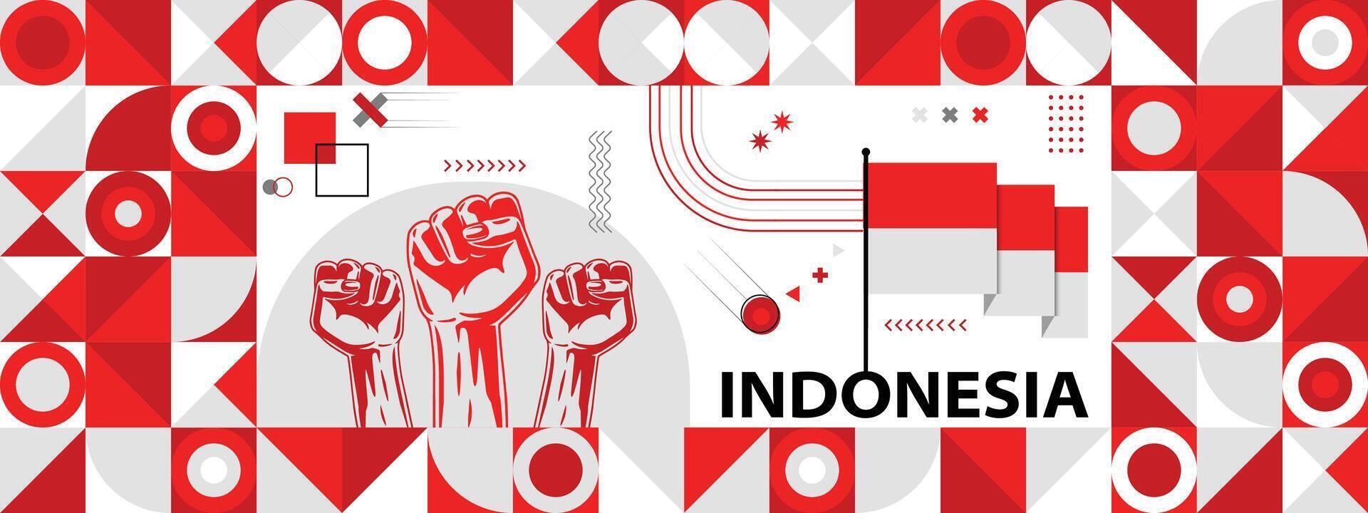 drapeau et carte de Indonésie avec élevé poings. nationale journée ou indépendance journée conception pour pays fête. moderne rétro conception avec abstrait Icônes. vecteur