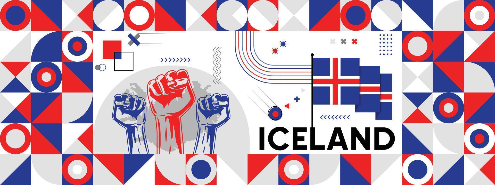 drapeau et carte de Islande avec élevé poings. nationale journée ou indépendance journée conception pour pays fête. moderne rétro conception avec abstrait Icônes. vecteur