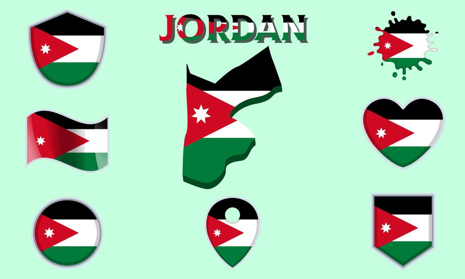 collection de plat nationale drapeaux de Jordan avec carte vecteur