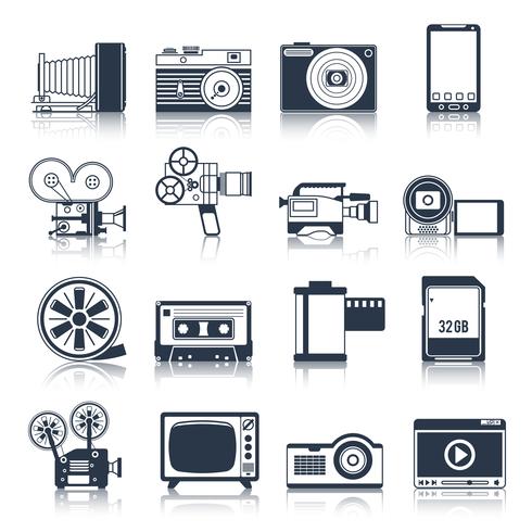 photo video icons set black vecteur