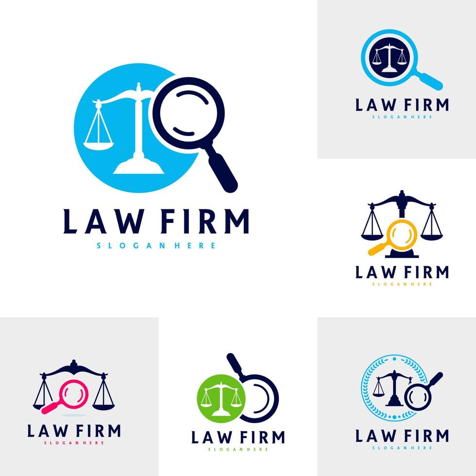 ensemble de modèles vectoriels de logo de justice de recherche, concepts de conception de logo de cabinet d'avocats créatifs vecteur