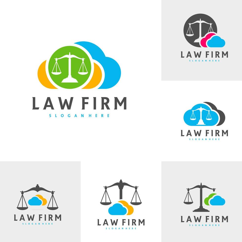 ensemble de modèle vectoriel de logo de justice en nuage, concepts de conception de logo de cabinet d'avocats créatifs
