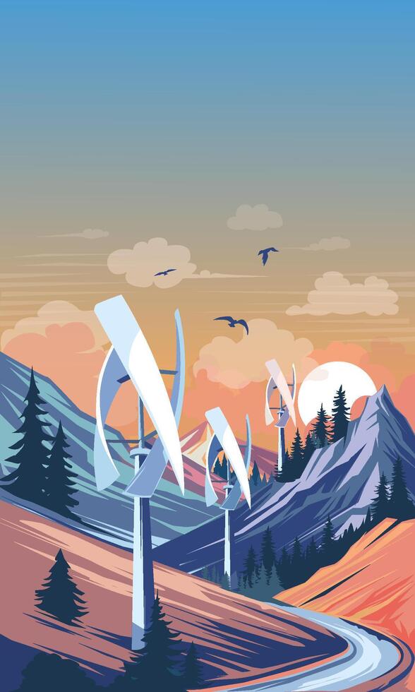 futuriste vent turbines dans le montagnes, illustration vecteur