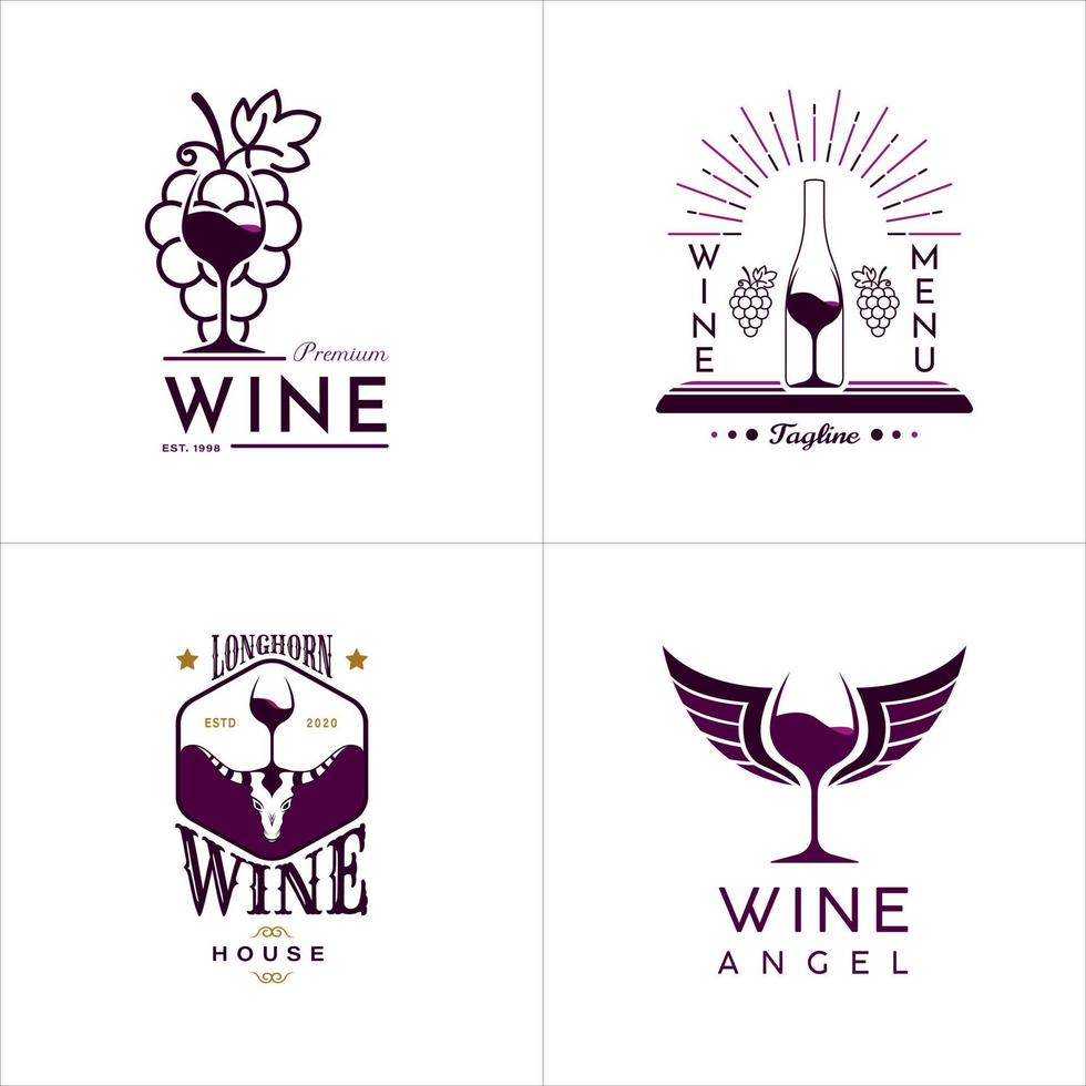 création de logo de vin de luxe. avec des raisins violets, une bouteille, une corne de cerf et des ailes. conception de logo haut de gamme vecteur