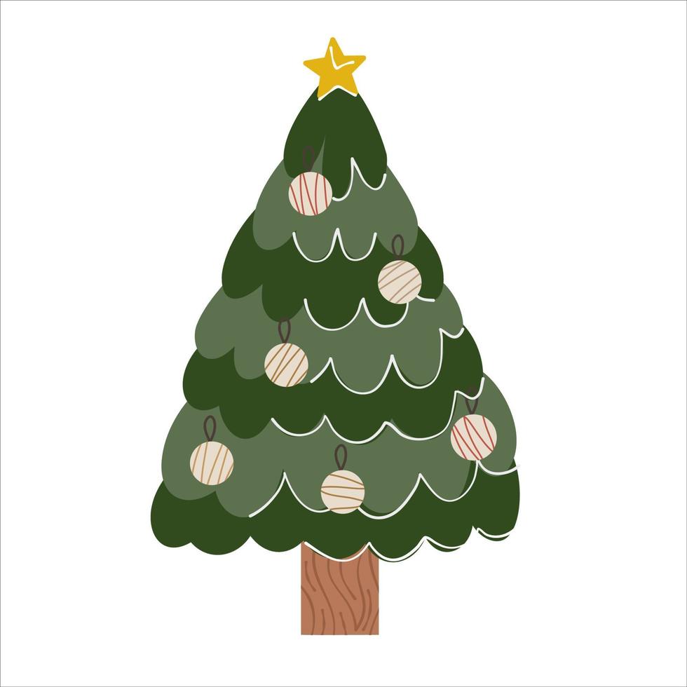 arbre de noël avec des jouets et étoile isolé sur fond blanc. arbre de noël vert avec des boules dans un style plat. illustration vectorielle. vecteur