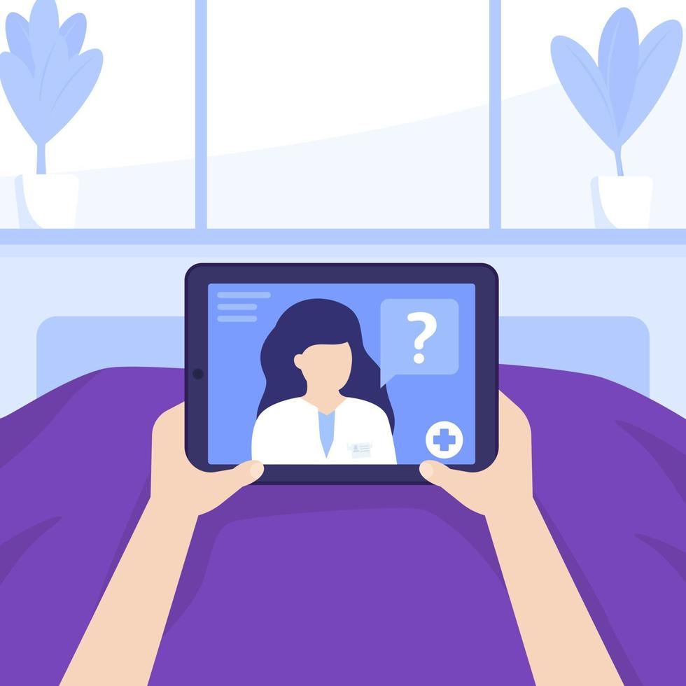 consultation médicale en ligne, patient au lit à la maison, vecteur de médecin en ligne
