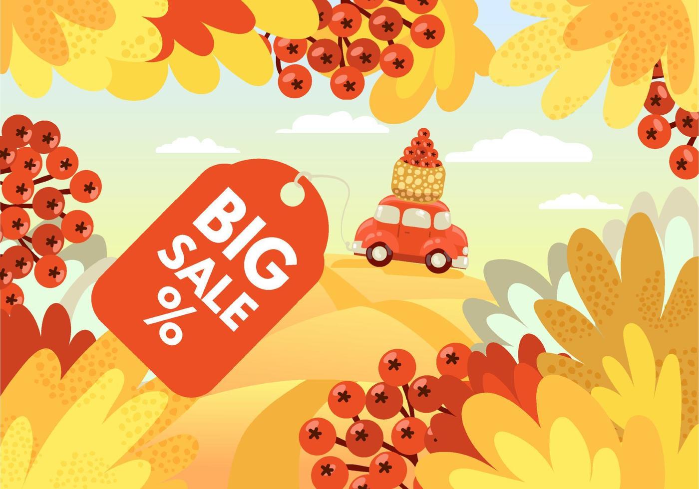 vente d'automne. mise en page de fond de paysage d'automne avec des feuilles, des baies et une voiture rouge à vendre affiche ou bannière web. vecteur