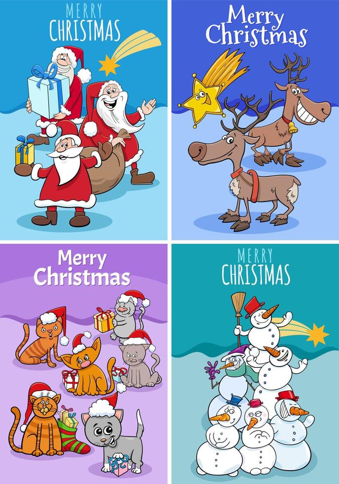 cartes de voeux avec personnages de dessins animés à l'heure de noël vecteur