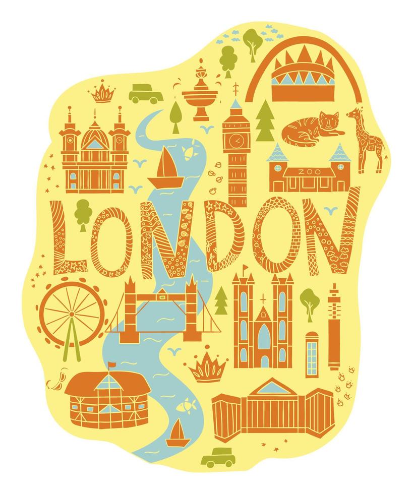 carte dessinée à la main de londres en style cartoon. principales attractions anglaises et lieux d'intérêt. fond pour guide de voyage ou affiche vecteur