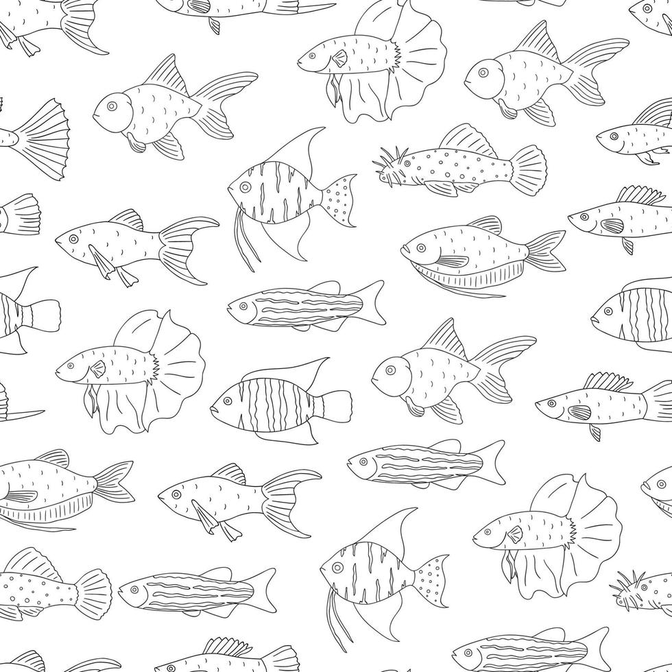 vecteur modèle sans couture noir et blanc de poissons d'aquarium. fond répétitif monochrome avec molly, guppy, platyfish, poisson rouge, danio, scalare, cichlasoma, ancistrus. illustration sous-marine