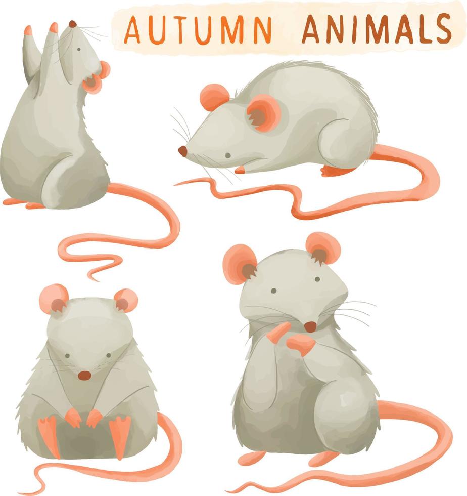 ensemble de souris peintes à l'aquarelle, animal d'automne, clipart de la faune. dessinés à la main isolé sur fond blanc vecteur