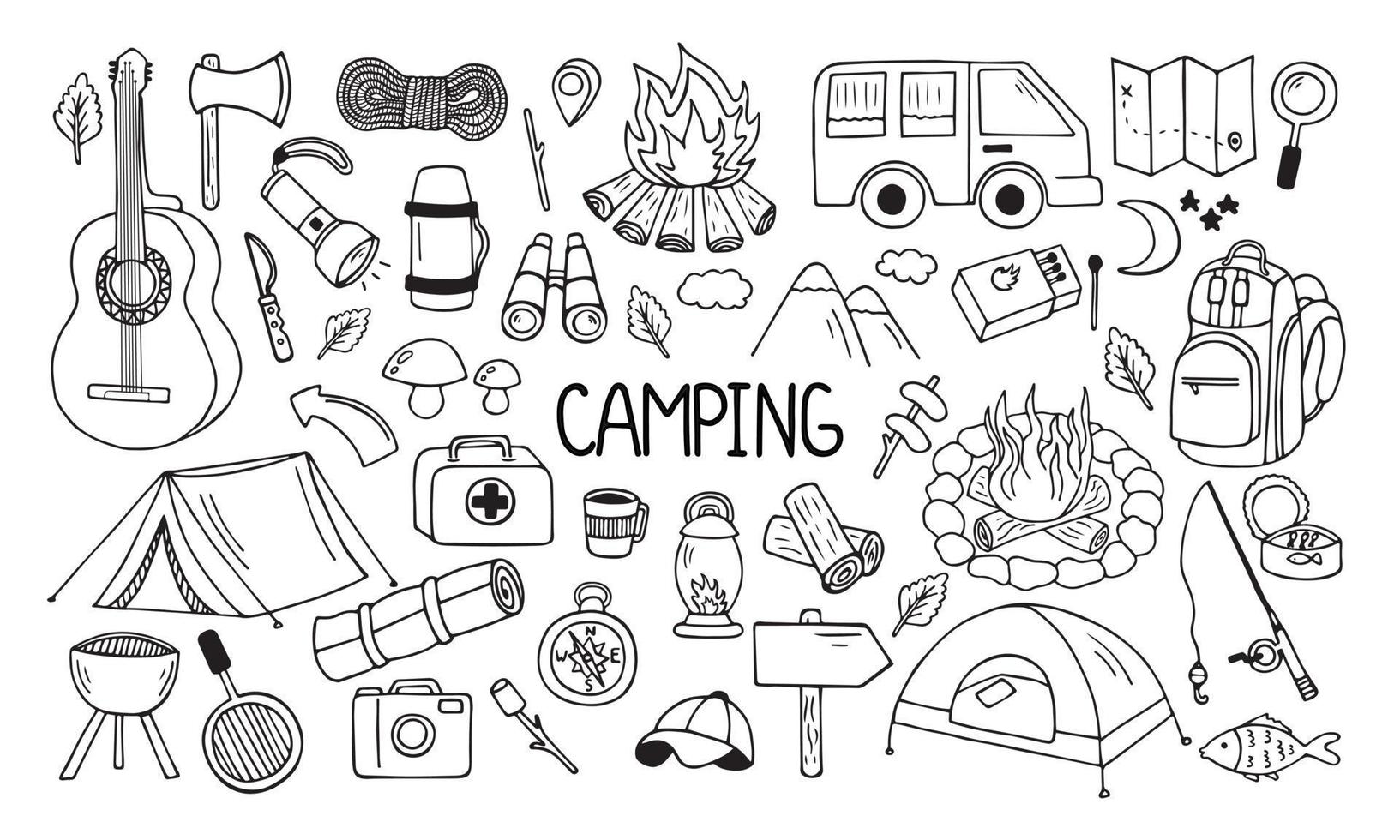 ensemble d'éléments de camping et de randonnée dans le style doodle. pique-nique, accessoires et équipement de voyage. illustration vectorielle dessinés à la main isolé sur fond blanc. vecteur