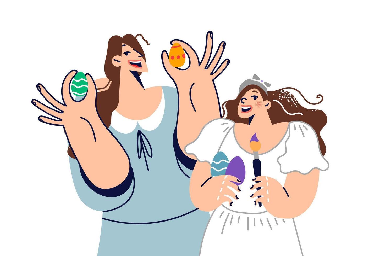 maman et fille décorer Pâques œufs, en train de préparer pour orthodoxe vacances, et tenir brosses dans mains vecteur