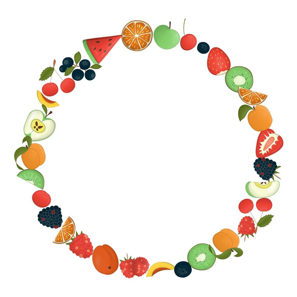 couronne de vecteur de fruits et de baies. illustration de style dessin animé dessiné à la main. joli cadre avec orange, pomme, abricot, pastèque, kiwi, fraise, framboise, mûre, myrtille, cerise