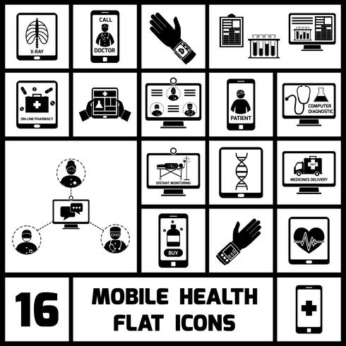 icônes de santé mobile mis en noir vecteur