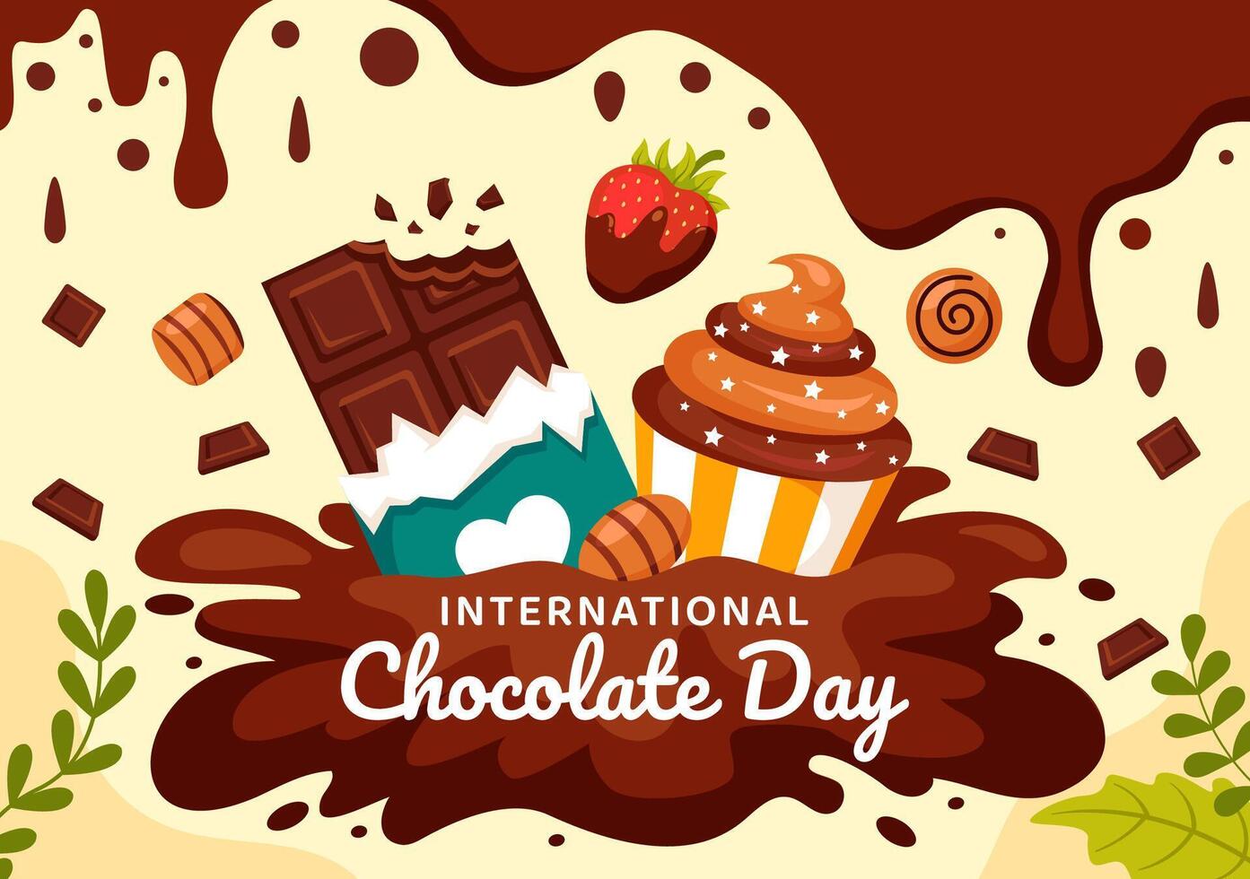 monde Chocolat journée fête illustration sur sept juillet avec fondu des chocolats et gâteau dans plat dessin animé Contexte conception vecteur
