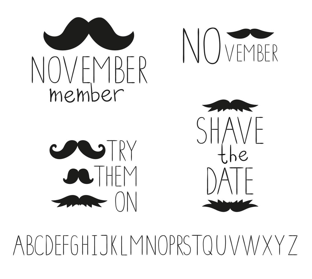 énonciations vectorielles pour un événement de sensibilisation au cancer de la prostate ou un design masculin. ensemble de logo de moustache noire avec texte isolé sur fond blanc. affiche de la saison des moustaches vecteur