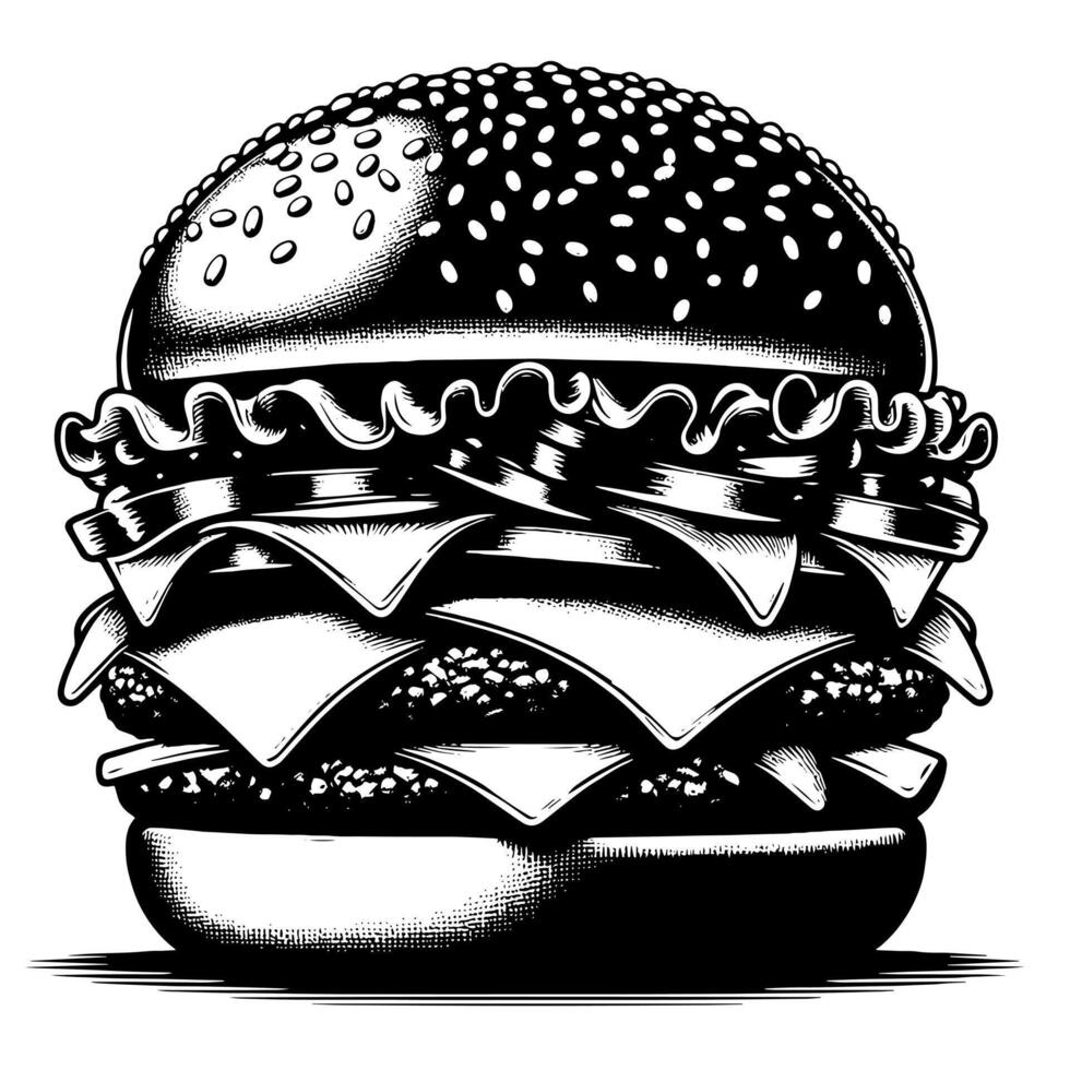 noir et blanc illustration de une savoureux grillé cheeseburger vecteur