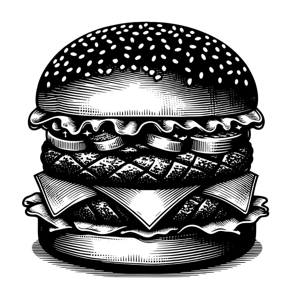 noir et blanc illustration de une savoureux grillé cheeseburger vecteur