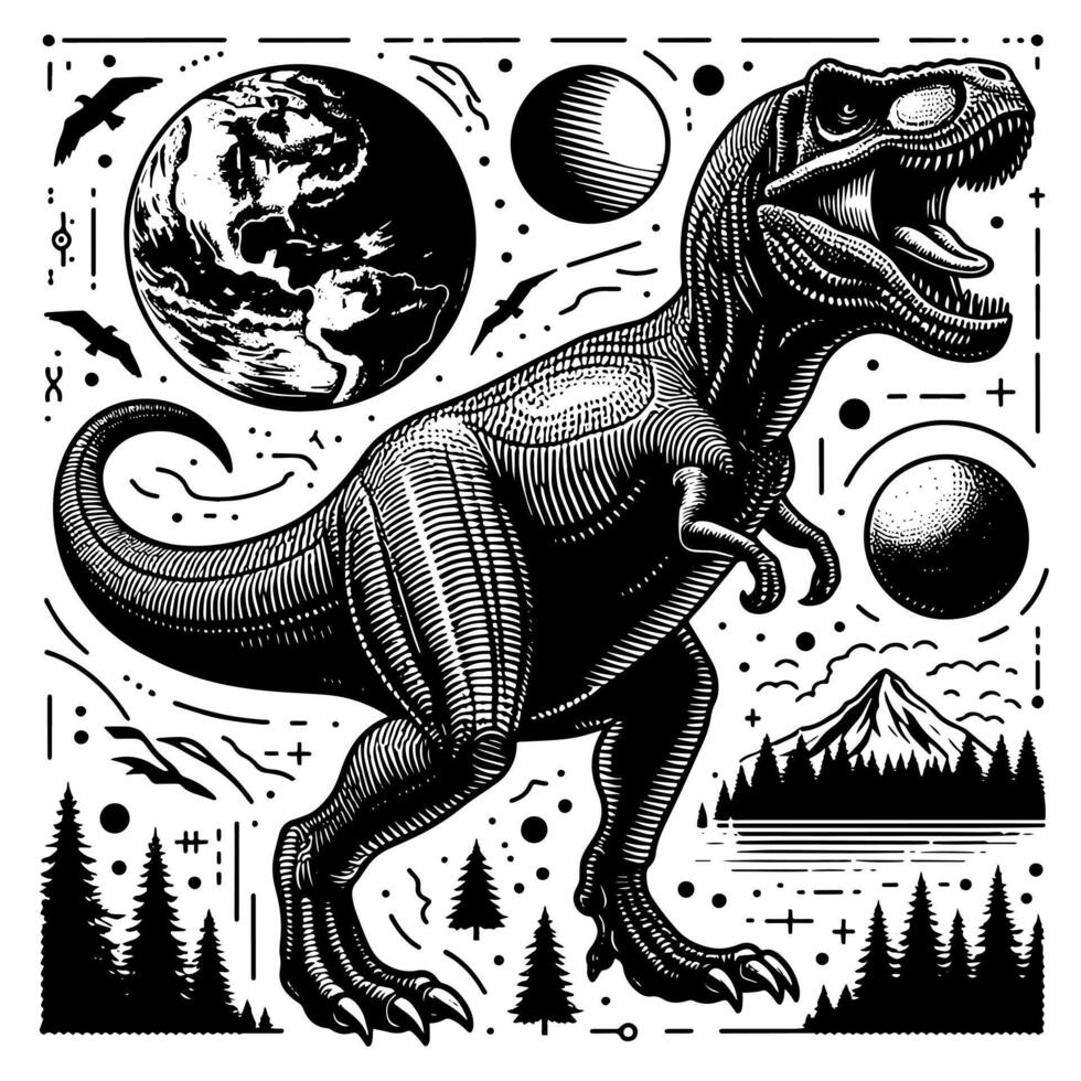 noir et blanc illustration de une trex dinosaure vecteur