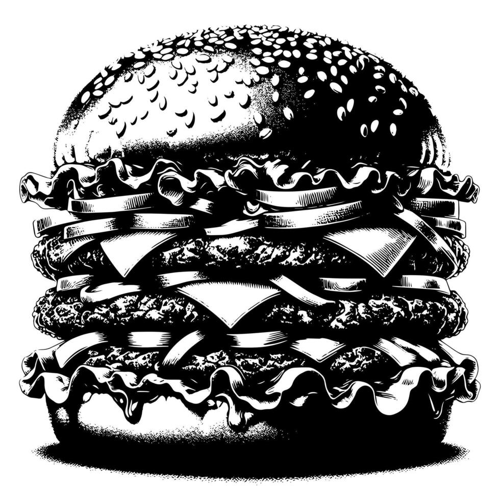 noir et blanc illustration de une savoureux grillé cheeseburger vecteur