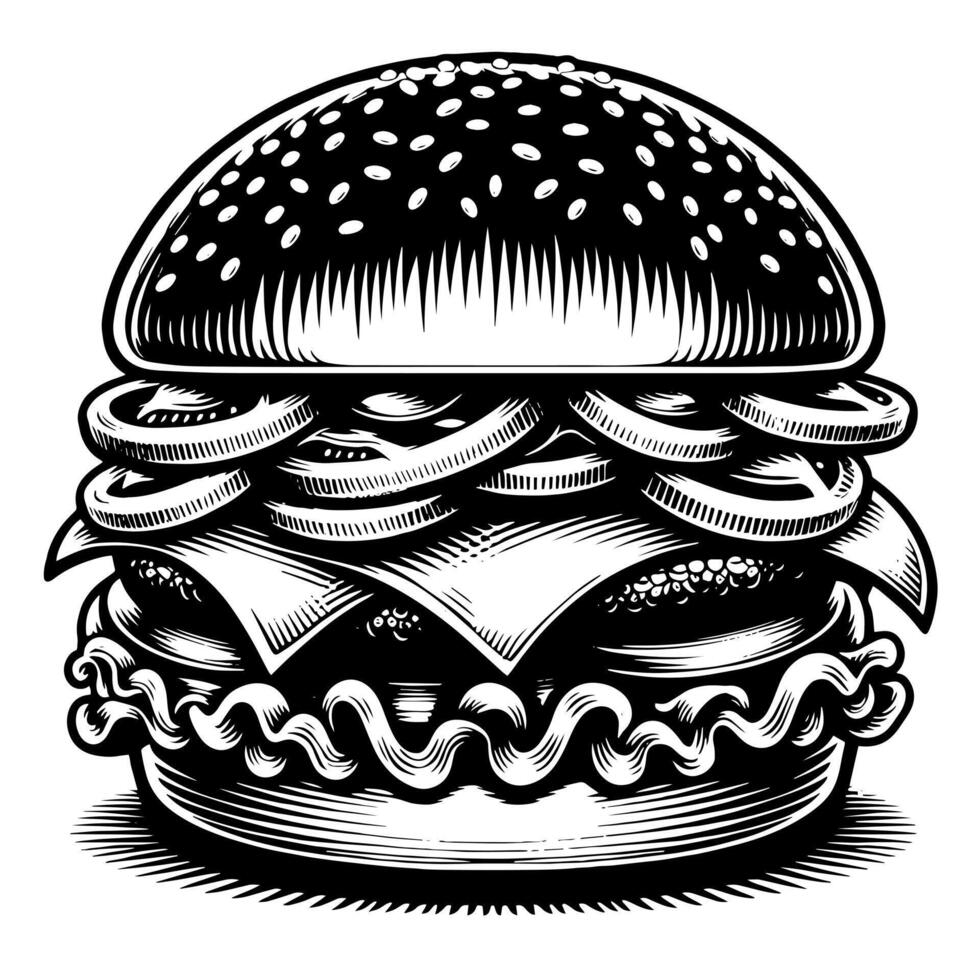 noir et blanc illustration de une savoureux grillé cheeseburger vecteur