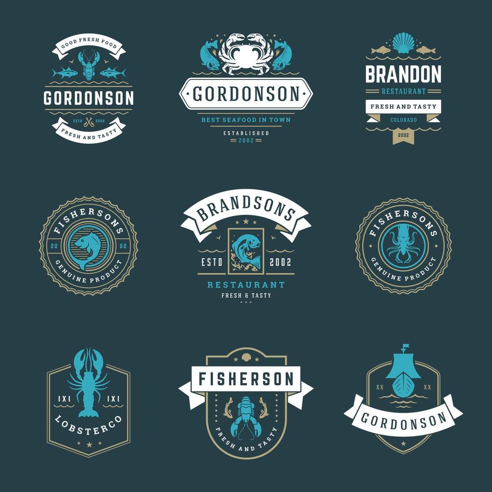 Fruit de mer restaurant logos ensemble illustration. vecteur