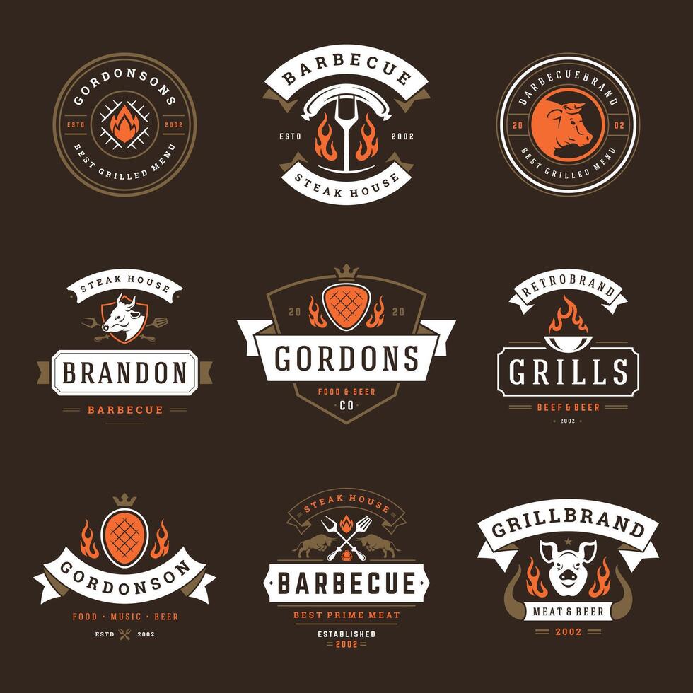 gril restaurant logos et badges ensemble illustration. vecteur