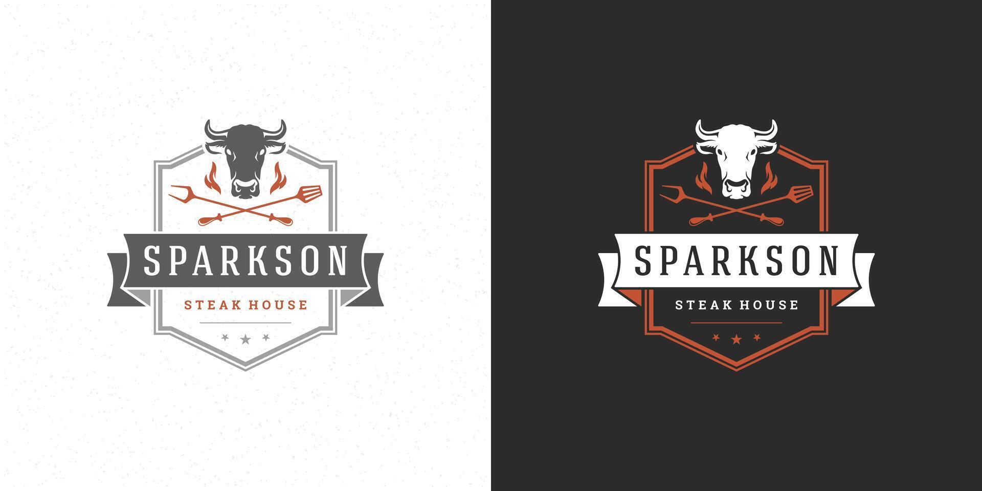 barbecue logo illustration gril steak maison ou un barbecue restaurant menu emblème vache tête avec flamme silhouette vecteur