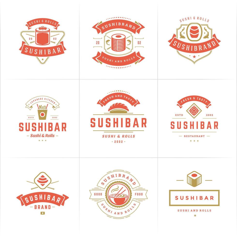 Sushi restaurant logos et badges ensemble Japonais nourriture avec Sushi Saumon Rouleaux silhouettes illustration vecteur