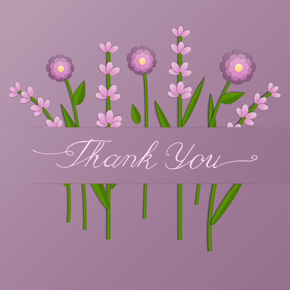 illustration vectorielle de fleurs roses coupées en papier sur fond violet. carte de remerciement. lettrage à la main pour carte de voeux, papeterie, affiche vecteur