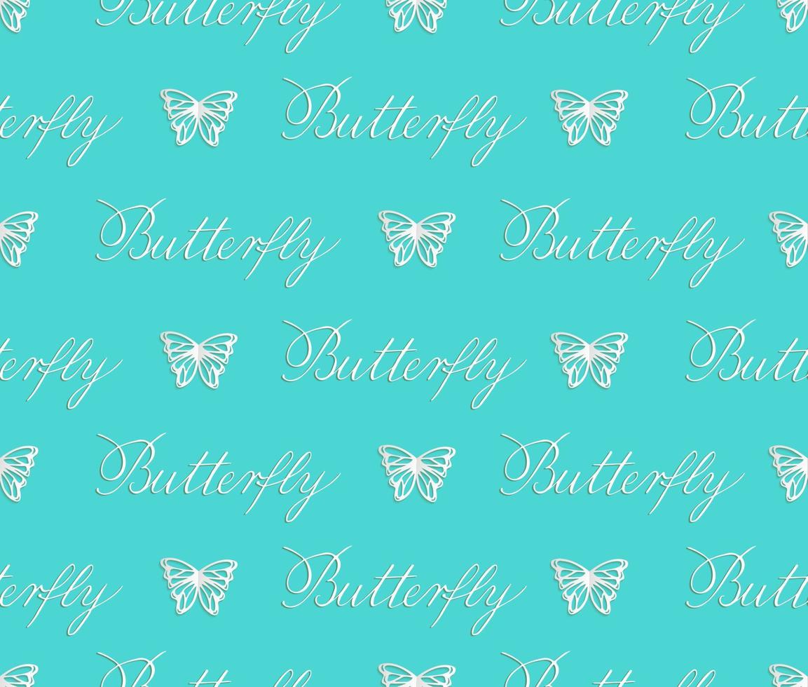 Modèle sans couture de vecteur de papillons blancs coupés en papier sur fond turquoise. arrière-plan répétitif pour carte de voeux, papeterie, affiche. calligraphie sur cuivre papillon. lettrage à la main