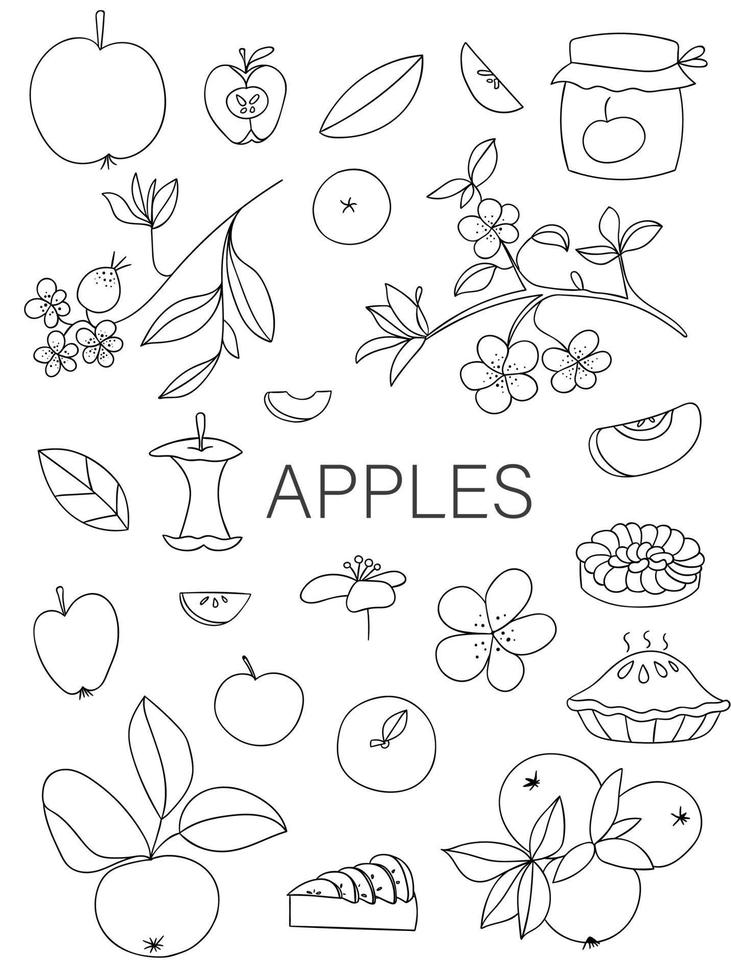 vecteur ensemble noir et blanc de jolies pommes dessinées à la main, tarte aux pommes, fleurs, pot de confiture. illustration monochrome de la récolte d'automne. thème de la nourriture faite maison