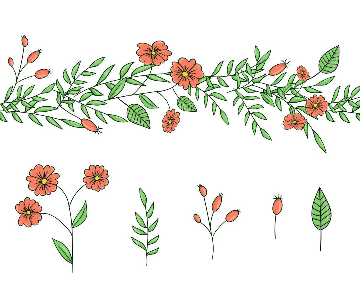 ensemble d'images vectorielles d'éléments de conception de plantes de jardin et de brosse à motifs. illustration de style dessin animé dessiné à la main. modèles mignons d'été ou de printemps pour la conception de mariage, de vacances ou de carte vecteur