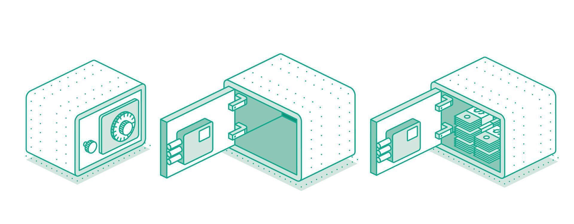 isométrique sûr ensemble avec ouvert et fermé des portes. contour objet isolé sur blanc Contexte. illustration. icône de sécurité. sûr montré de différent angles. argent à l'intérieur. vecteur