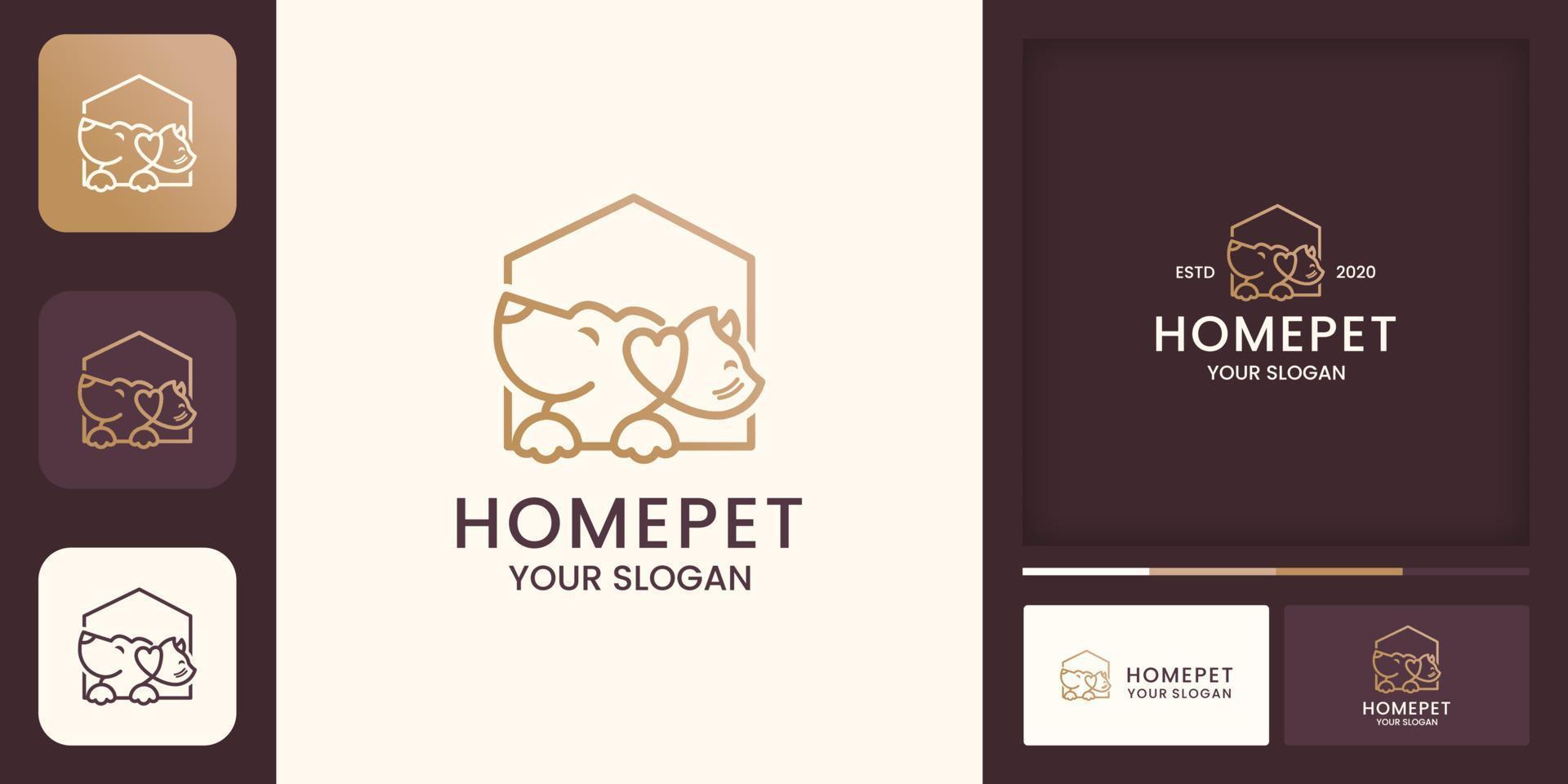 création de logo de maison pour animaux de compagnie, animal de compagnie heureux et carte de visite vecteur