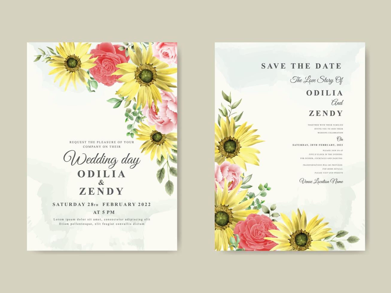 modèle d'invitation de mariage aquarelle tournesol et rose élégant vecteur