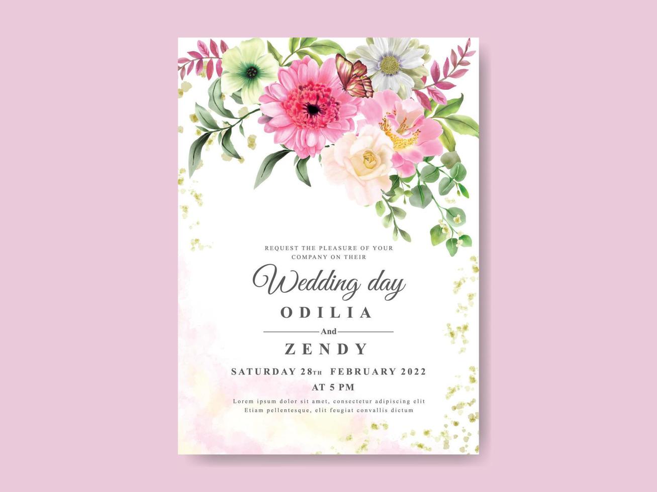 belle fleur et feuilles modèle d'invitation de mariage aquarelle vecteur