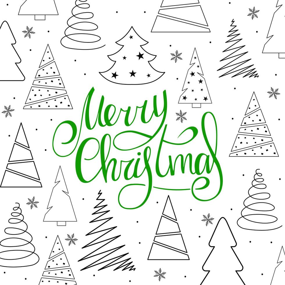 joyeux Noël. lettrage manuscrit vert avec des arbres de Noël et des flocons de neige sur fond blanc. nouvel an 2022. vecteur