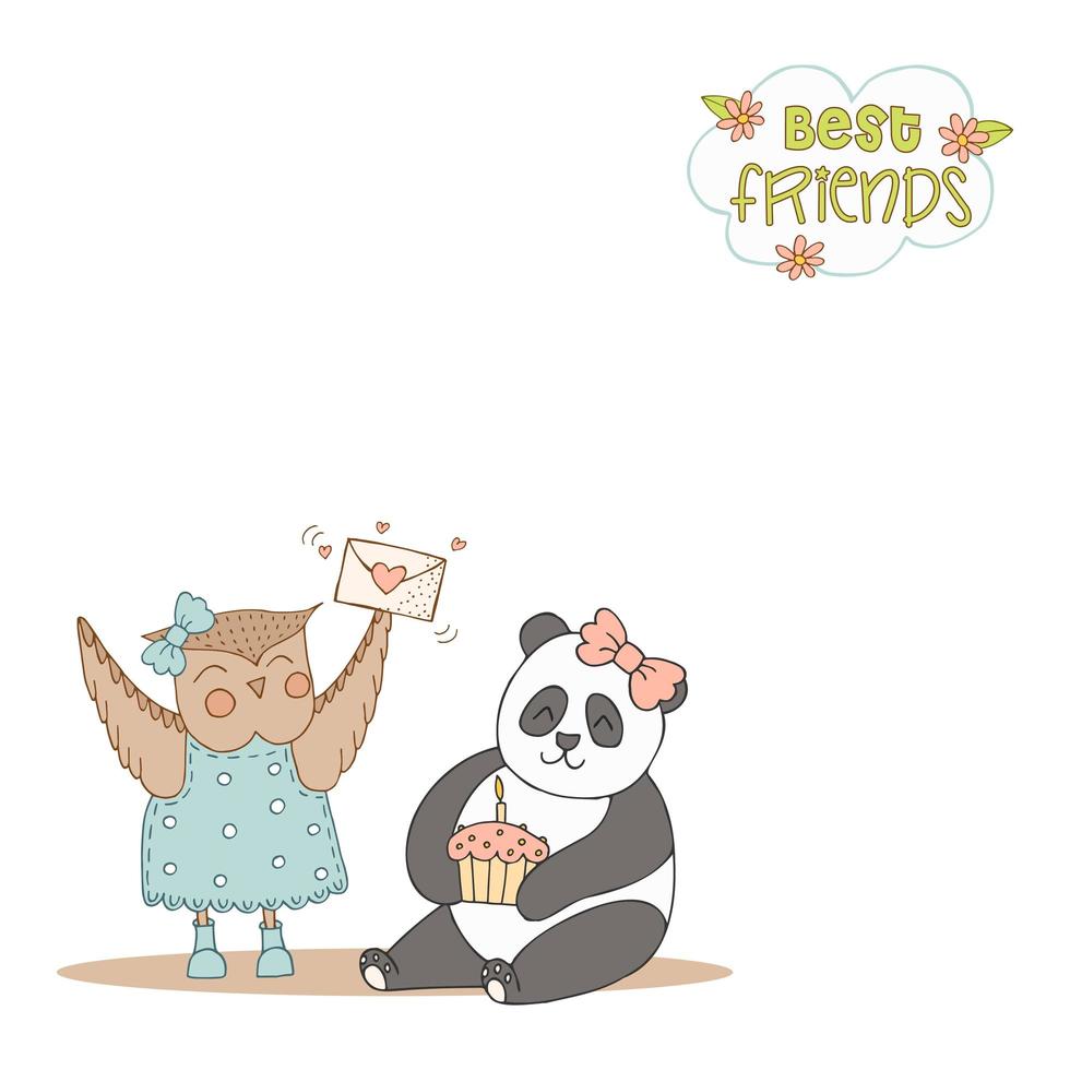 animaux mignons dessinés à la main avec lettrage. panda, hibou dans une robe bleue à pois et bottines. cupcake avec bougie et enveloppe avec coeur. meilleurs amis. fond blanc. vecteur. vecteur