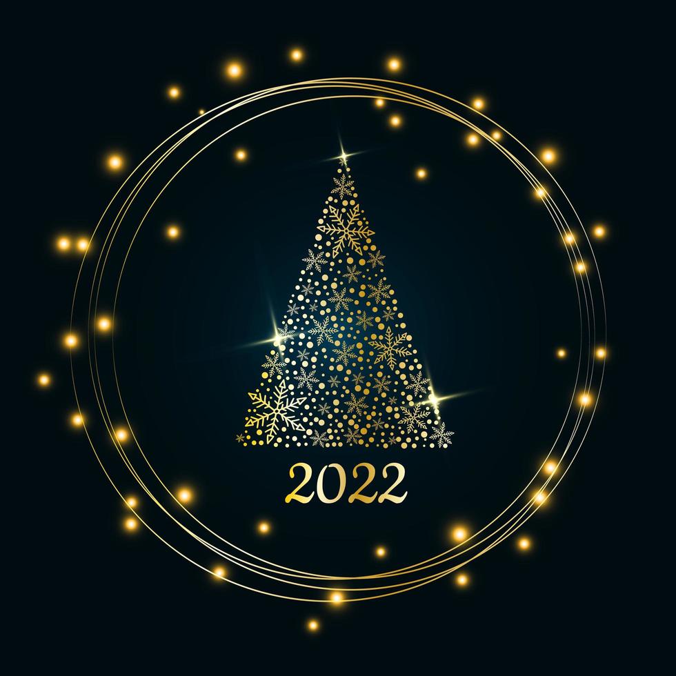 arbre de noël doré magique de flocons de neige avec un anneau d'or brillant sur fond bleu foncé. joyeux noël et bonne année 2022. illustration vectorielle. vecteur