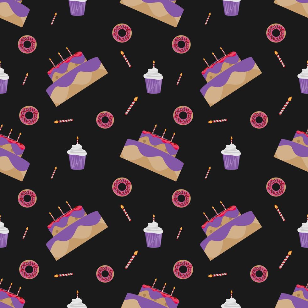 conception de gâteau d'anniversaire et de beignets de modèle sans couture sur fond noir. conception de nourriture pour le papier peint, la toile de fond, la couverture, la vente, la boutique et la conception graphique. illustration vectorielle vecteur