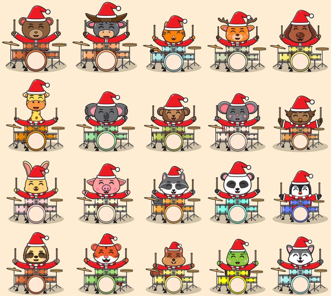 Vector illustration of cute animal santa claus playing drum set