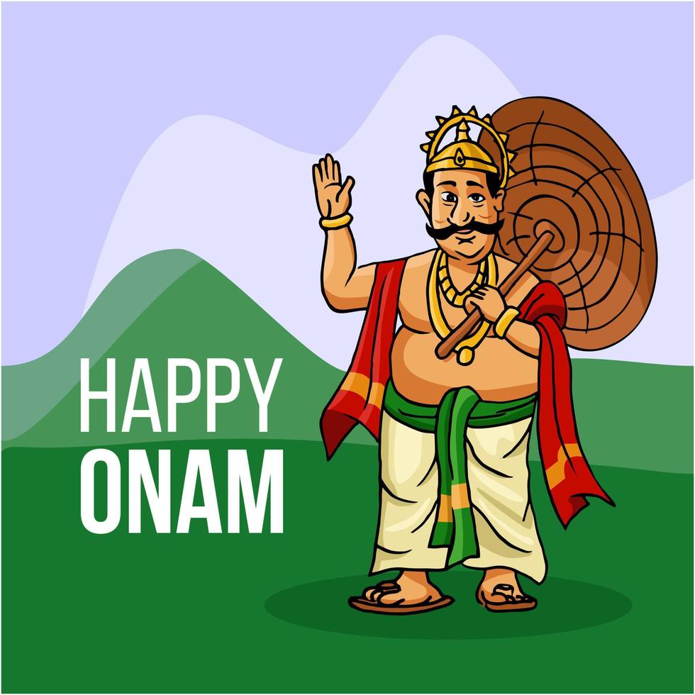 Kerala onam festival mahabali a également connu maveli dans un champ vert avec happy onam te vecteur