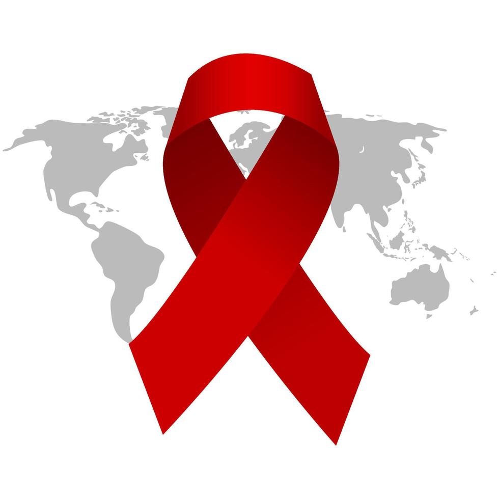ruban rouge avec carte du monde grise adaptée à la journée mondiale du sida vecteur