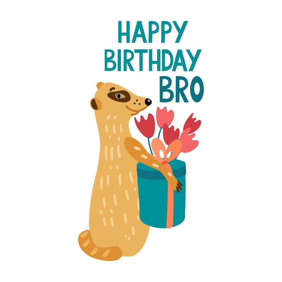 joyeux anniversaire frère. lettrage avec un adorable suricate tenant une boîte-cadeau et un bouquet de tulipes vecteur