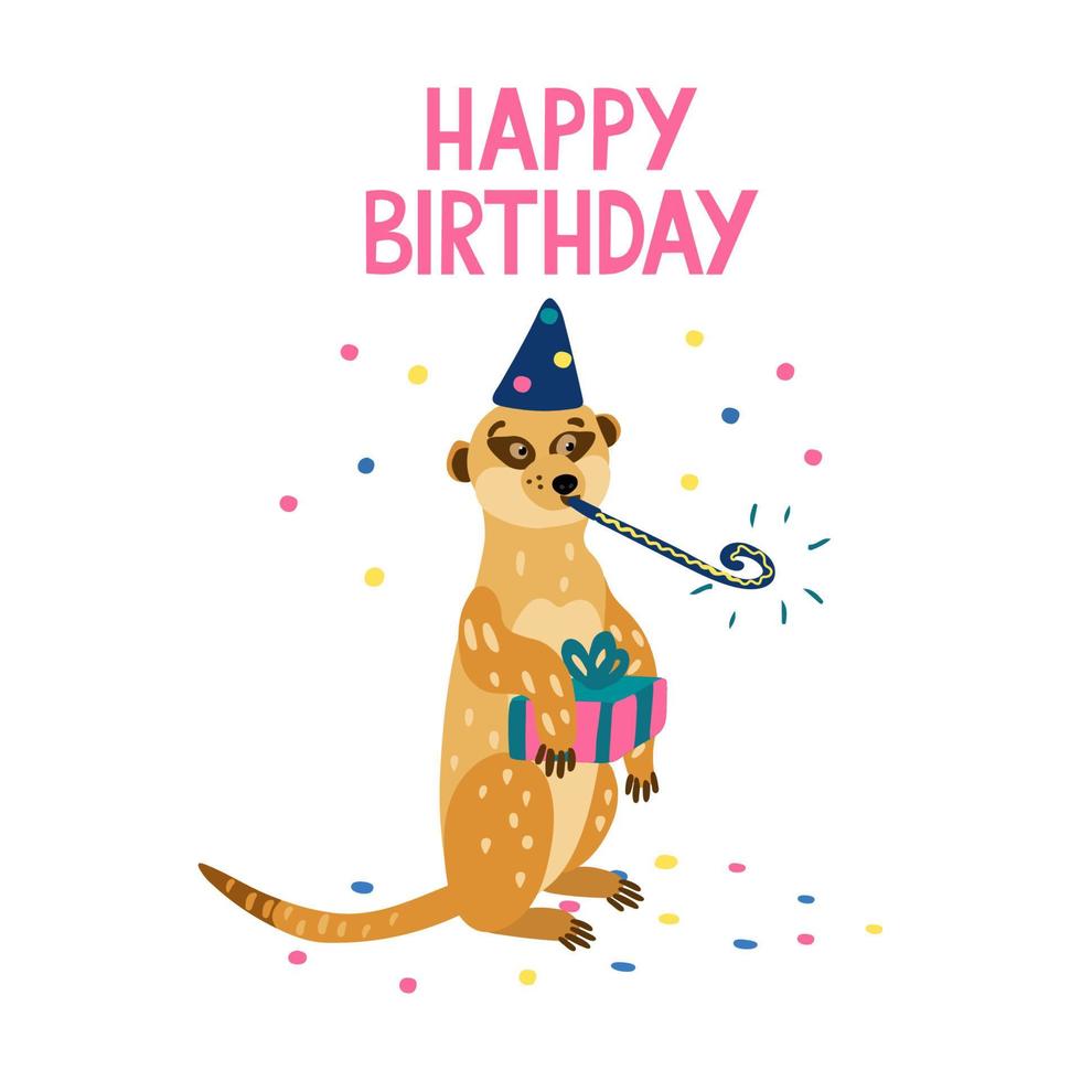 joyeux anniversaire. lettrage avec un adorable suricate soufflant dans un cor de fête vecteur