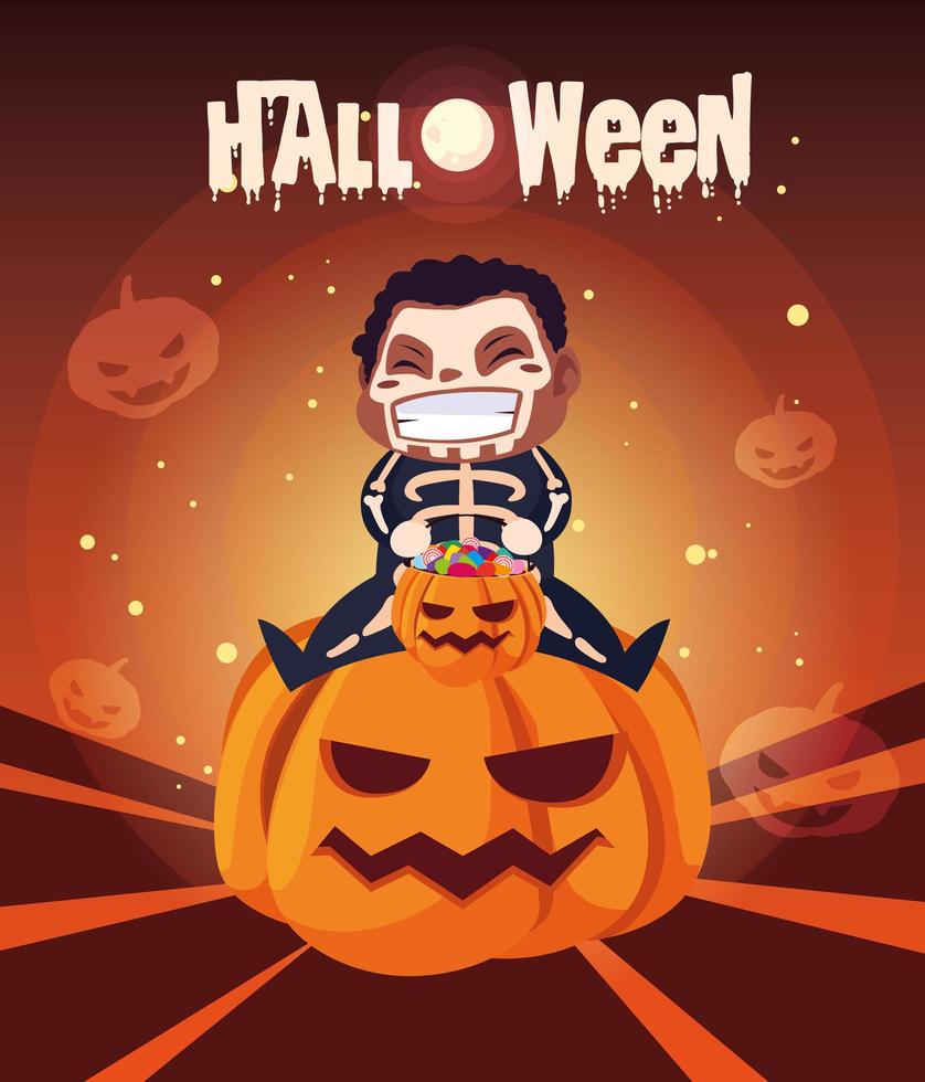 affiche d'halloween avec garçon déguisé en squelette vecteur