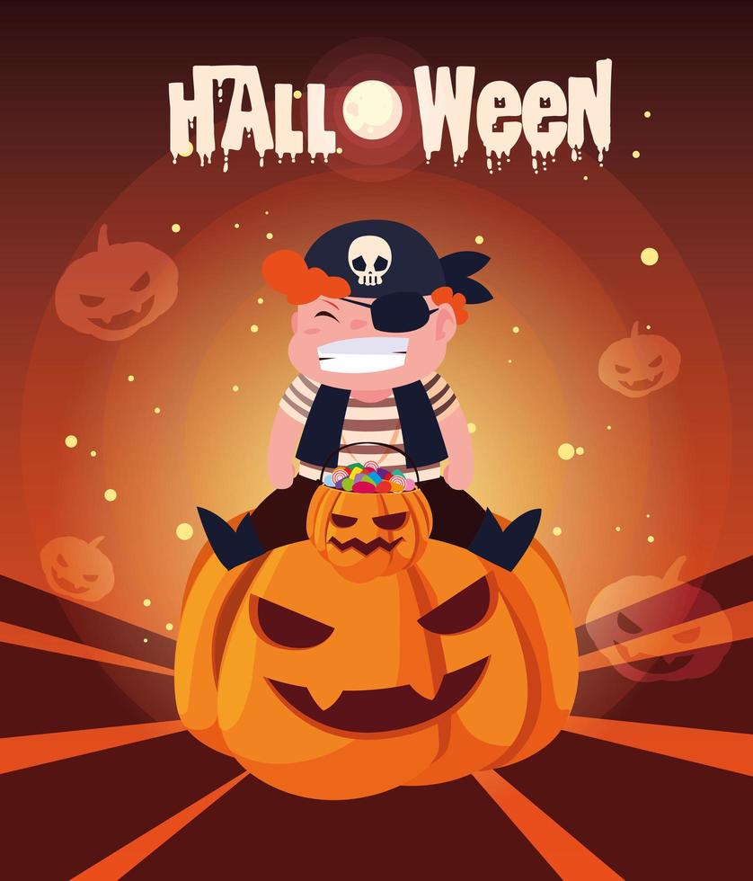 affiche d'halloween avec garçon déguisé en pirate vecteur